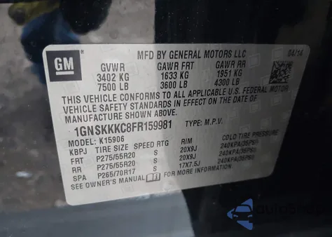 2015 Chevrolet Suburban 1500 Ltz from USA, damaged, VIN 1GNSKKKC8FR159981